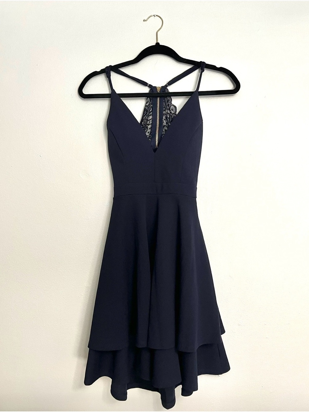 Windsor Navy Lace-Back High-Low Cocktail Dress